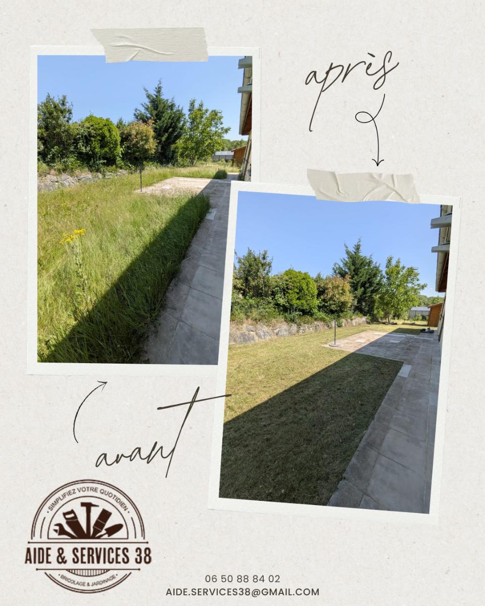 Chantier d'entretien de jardin réalisé par Aide et Services 38, paysagiste du réseau Factotum, près de Saint-Clair-du-Rhône
