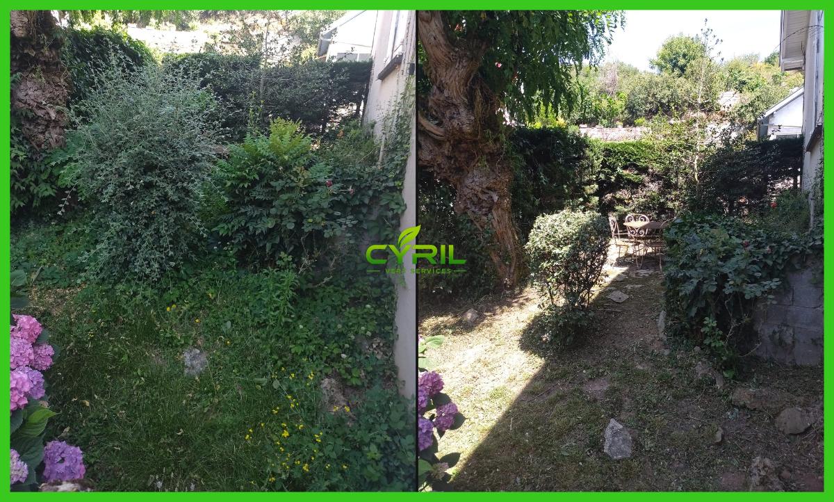 Chantier d'entretien de jardin réalisé par CYRIL Vert Services, paysagiste du réseau Factotum, près de Assier