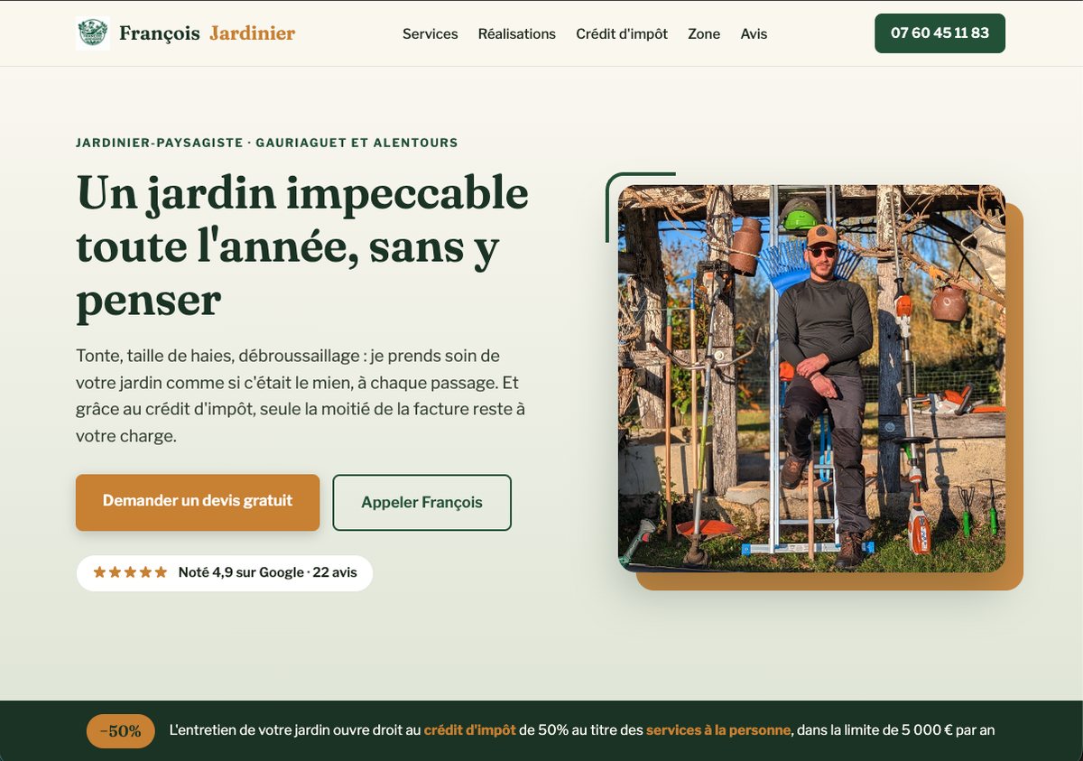 Le site d'un membre du réseau Factotum, avec ses prestations, ses réalisations et son bouton de devis