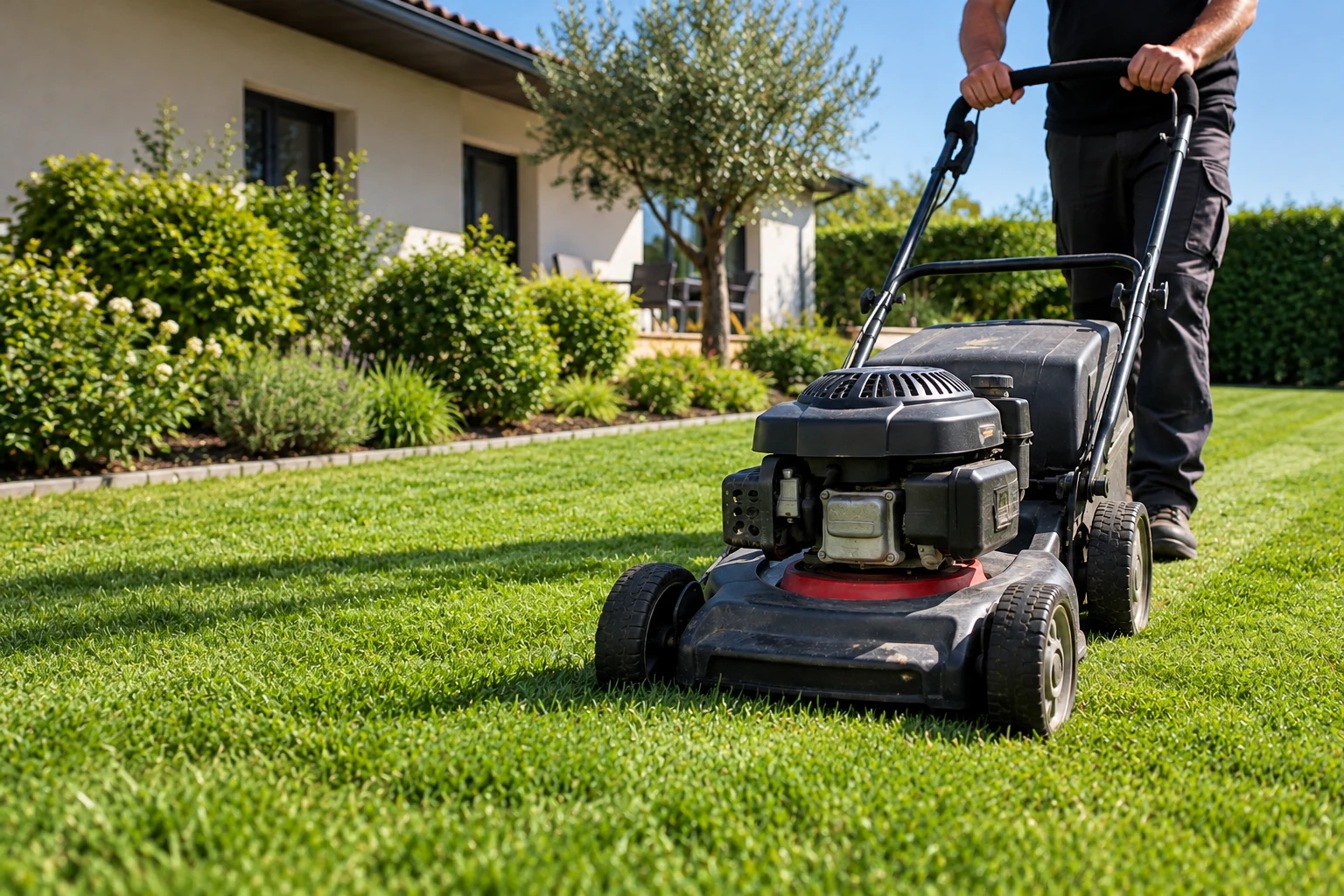 Tonte de pelouse dans un jardin, avec une coupe régulière pour un rendu propre et soigné.